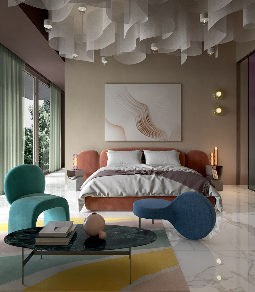 Chambre contemporaine avec surfaces effet marbre, mobilier design et détails raffinés pour une ambiance élégante et sophistiquée.