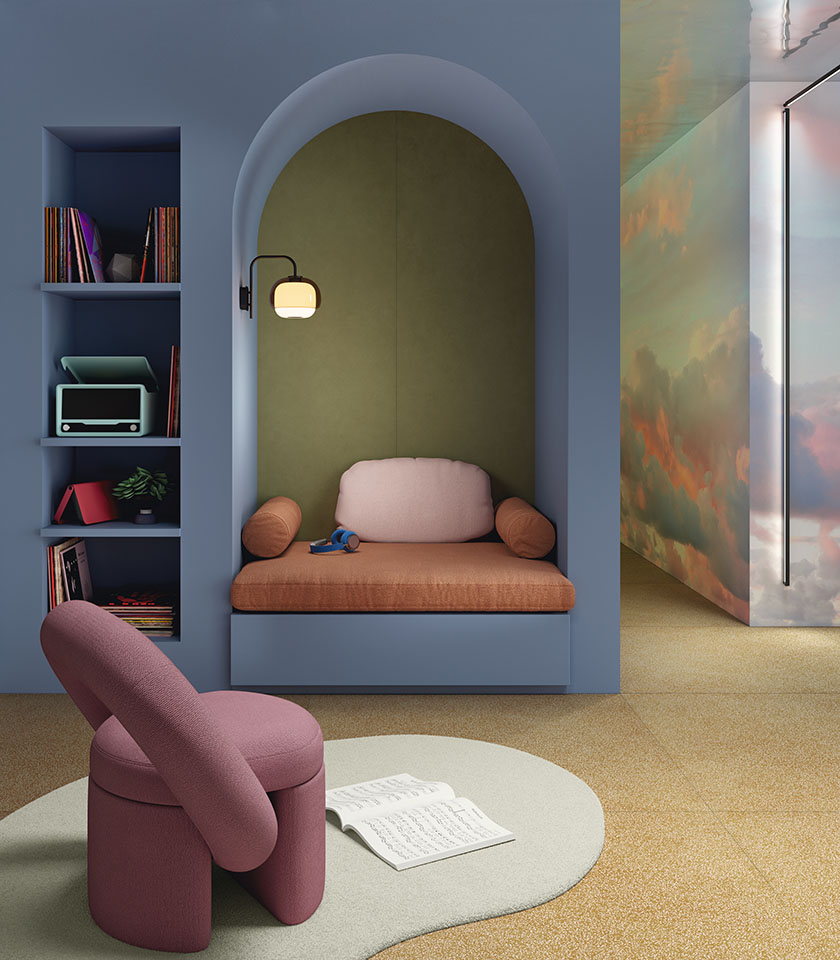 Intérieur moderne aux couleurs douces, avec sol texturé et niche accueillante.
