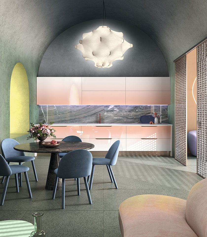 Cuisine contemporaine avec surfaces effet pierre, tons pastel et mobilier aux formes douces.