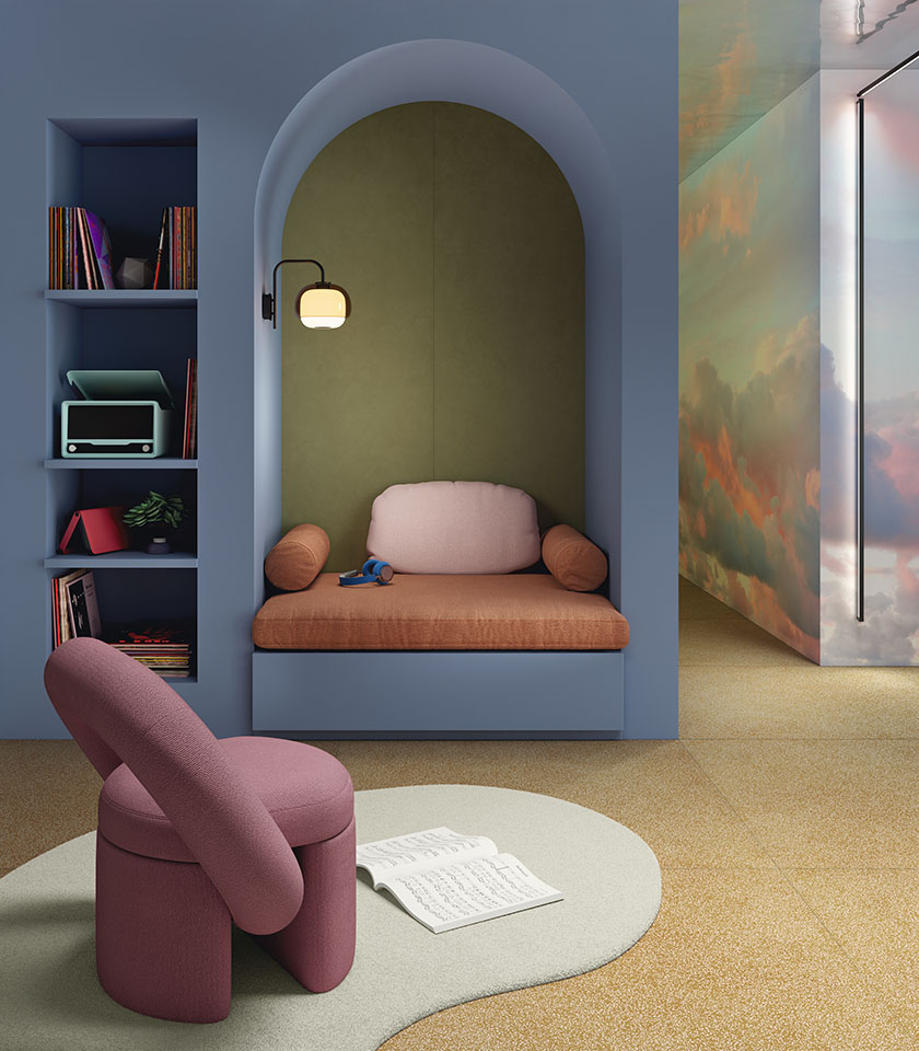 Coin détente contemporain avec couleurs enveloppantes, surfaces texturées et mobilier aux formes douces.