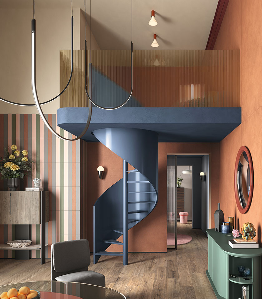 Bio Attitude Cortex compose un séjour chaleureux et dynamique, où le charme du bois céramique dialogue avec des surfaces colorées et des détails graphiques au caractère contemporain.