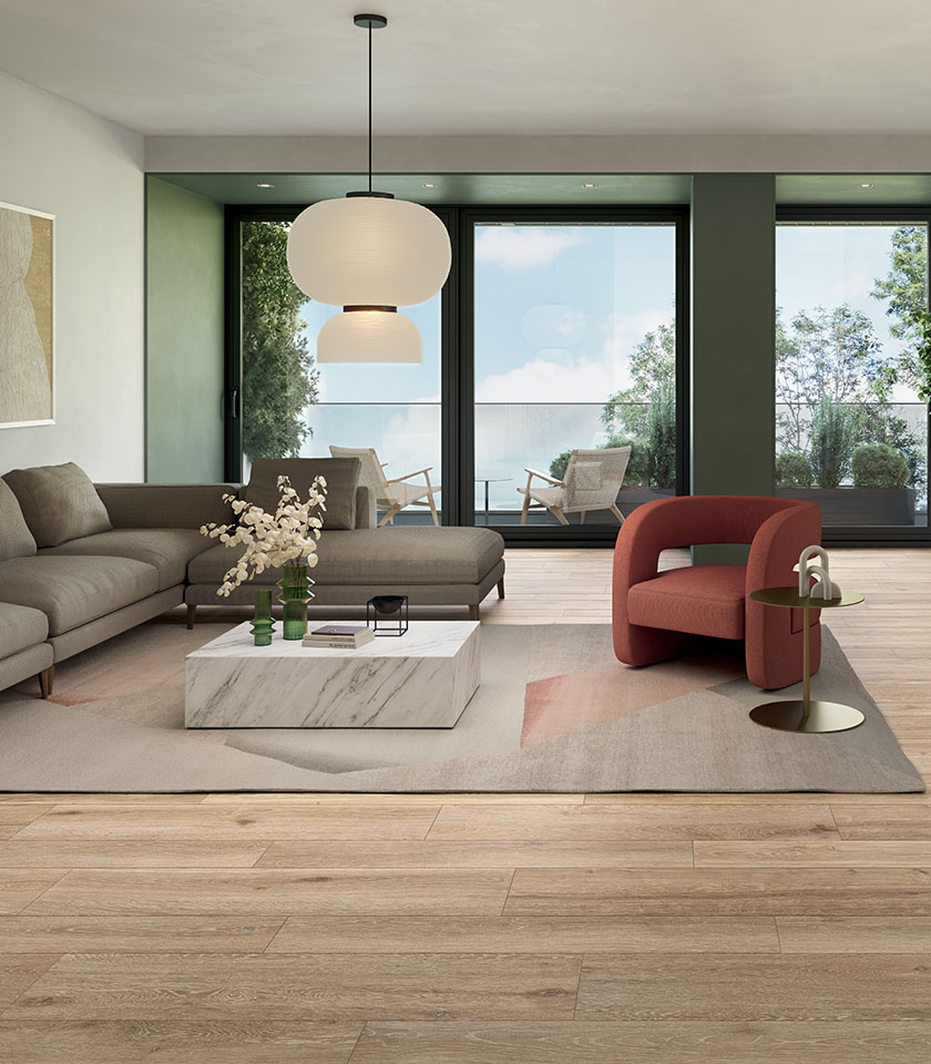 Salon contemporain avec sol de la collection Bio Attitude effet bois dans la teinte Amber.