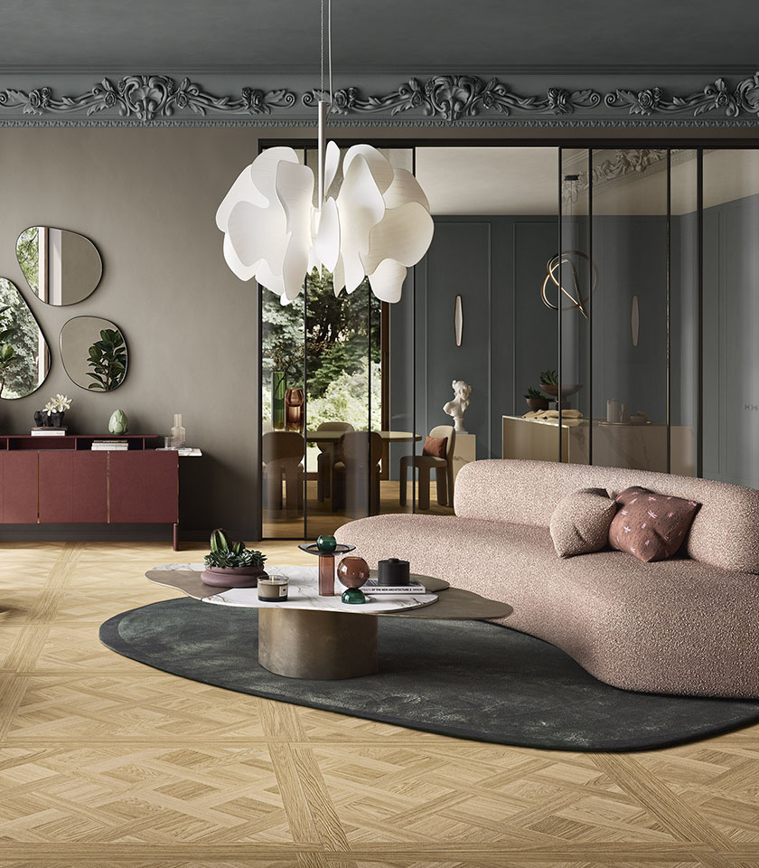 Découvrez des idées pour un salon moderne et raffiné avec le grès cérame Lea Ceramiche, entre design distinctif et hautes performances.