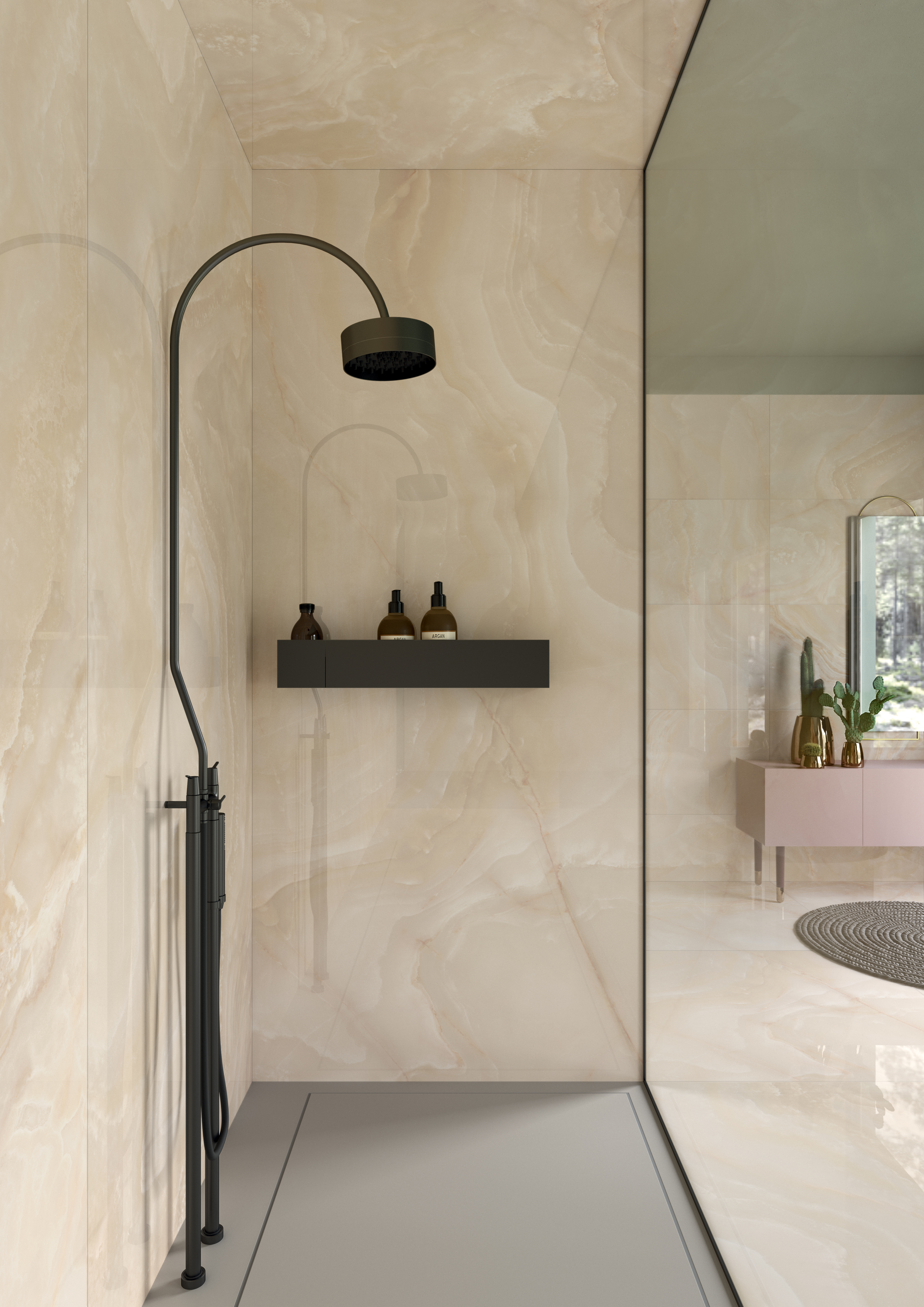 Salle de bains contemporaine avec Noblesse Onyx Oyster de Lea Ceramiche : des surfaces effet onyx aux tons chauds pour un espace lumineux, élégant et enveloppant.