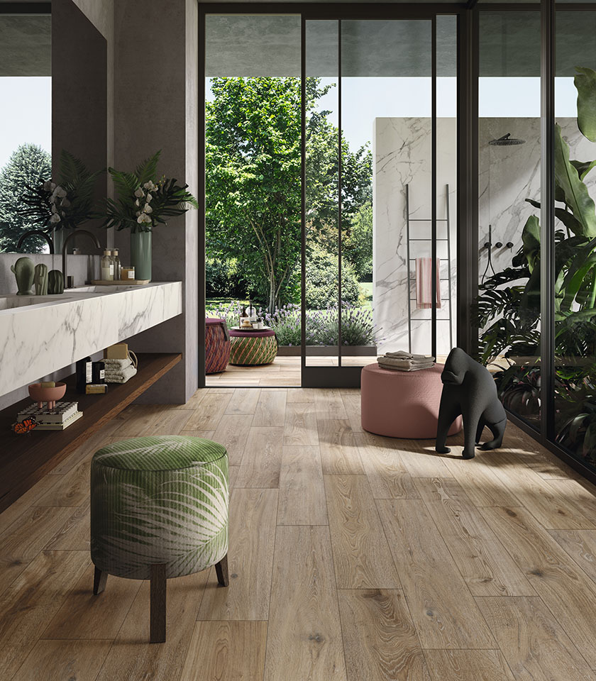 Salle de bains contemporaine avec Bio Attitude Barrel et Noblesse Pure Statuario de Lea Ceramiche : effets bois et marbre pour un espace élégant, naturel et lumineux.
